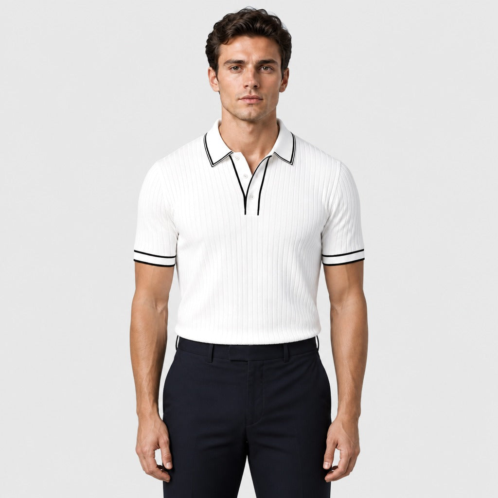 Men’s Ribbed Knit Polo Shirt with Contrast Trim White