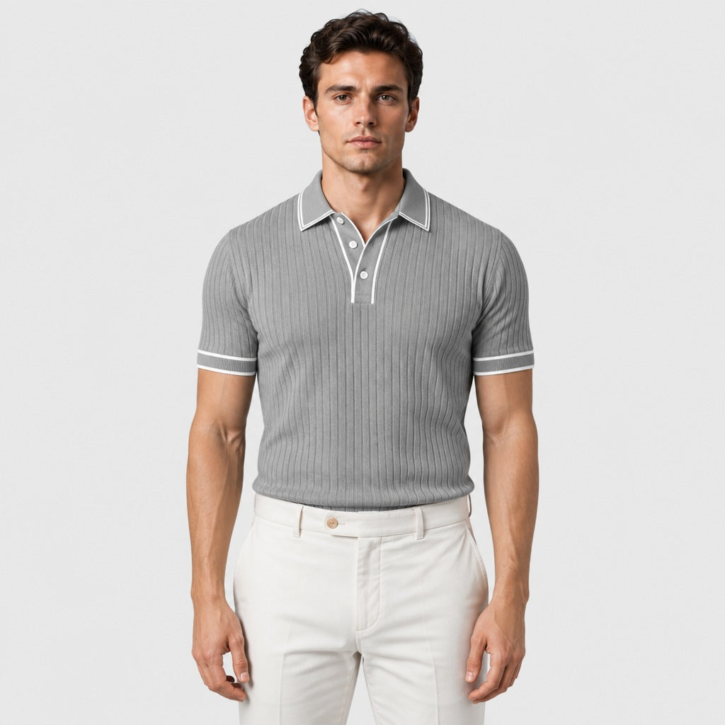 Men’s Ribbed Knit Polo Shirt with Contrast Trim Grey