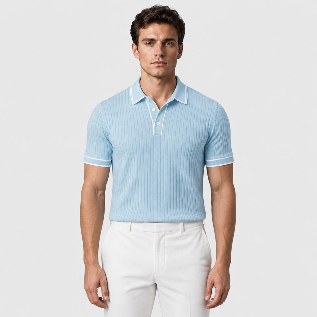 Men’s Ribbed Knit Polo Shirt with Contrast Trim Sky Blue