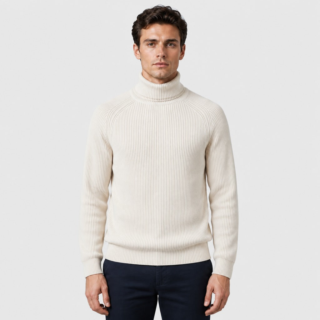 Men’s Ribbed Roll Neck Jumper Beige