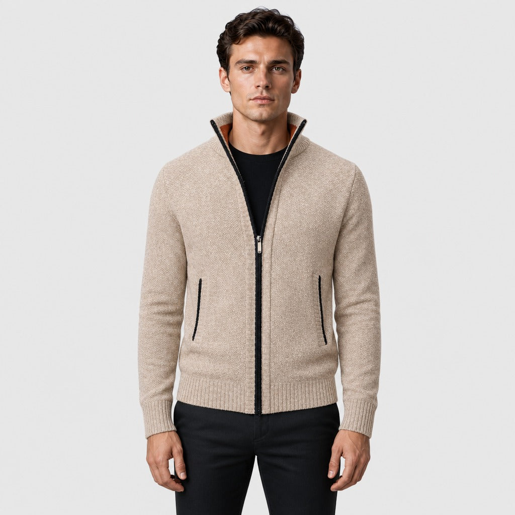 Men’s Roll Neck Zip-Up Cardigan Beige front