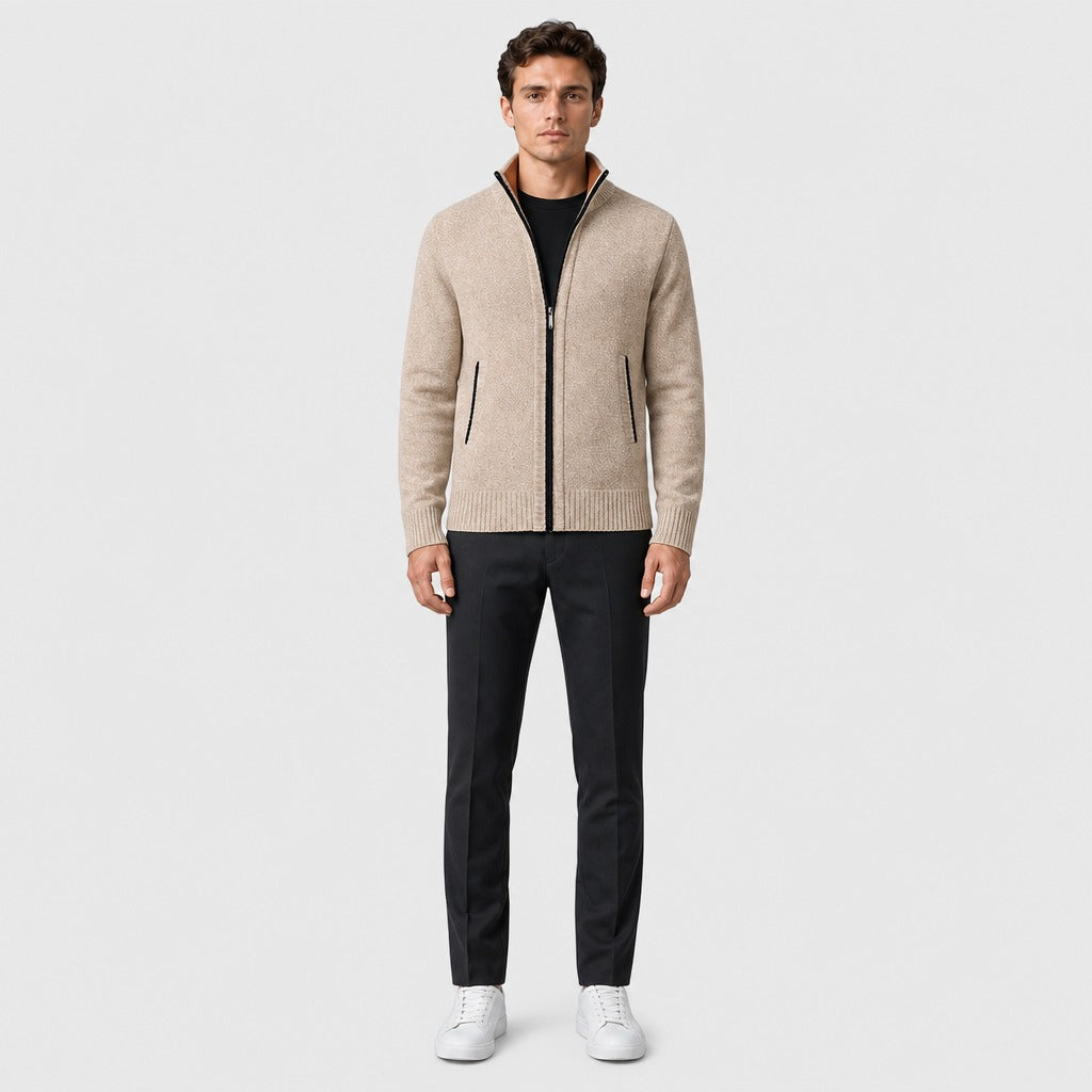 Men’s Roll Neck Zip-Up Cardigan Beige full length