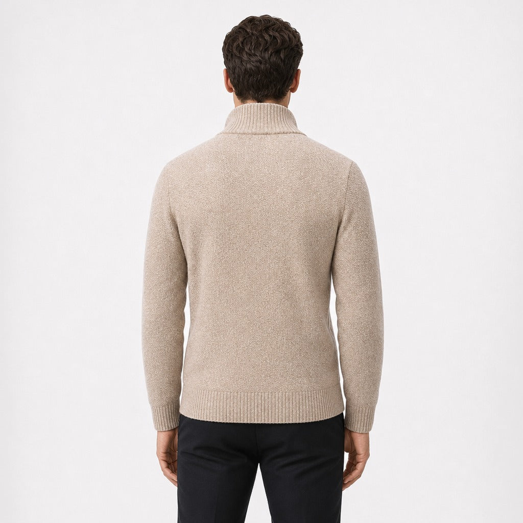 Men’s Roll Neck Zip-Up Cardigan Beige back