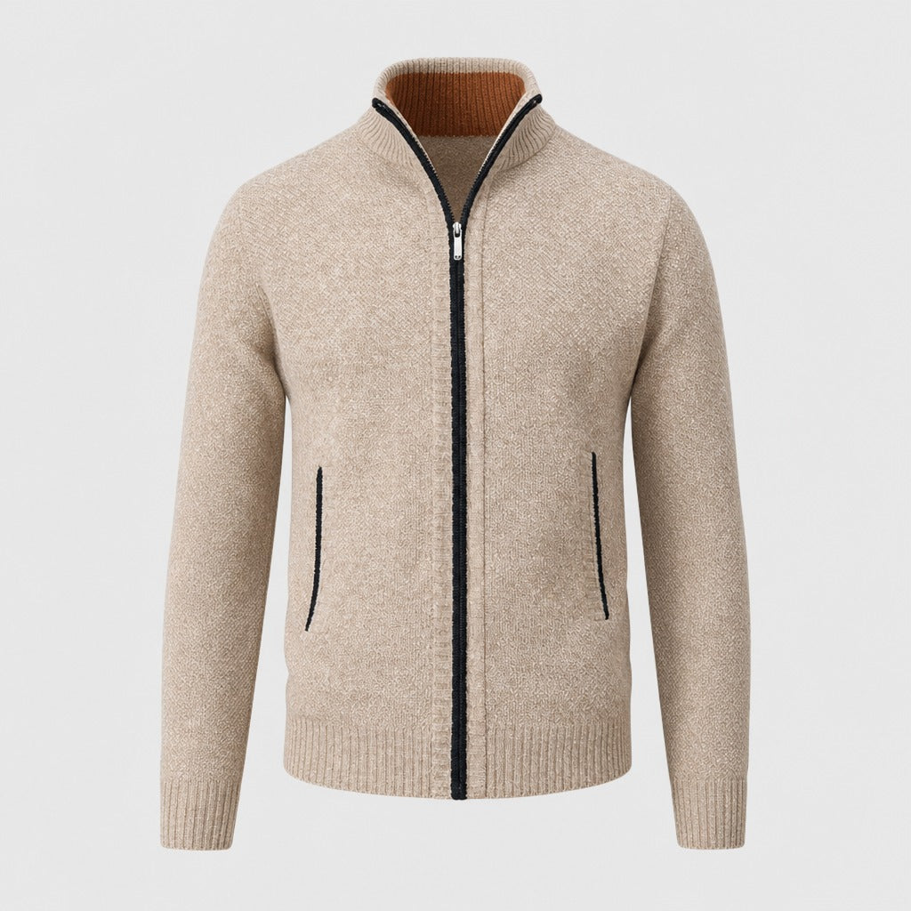 Men’s Roll Neck Zip-Up Cardigan Beige product front