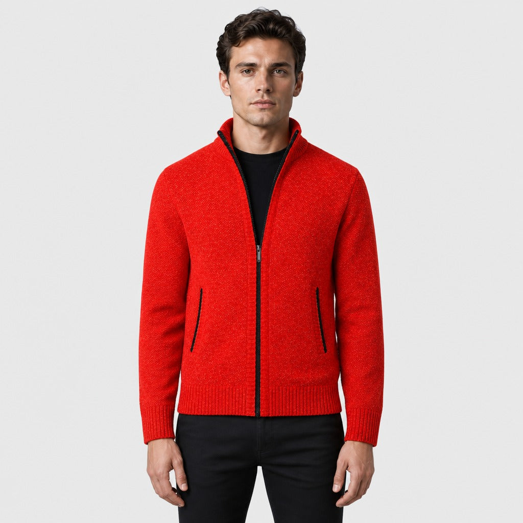 Men’s Roll Neck Zip-Up Cardigan Red
