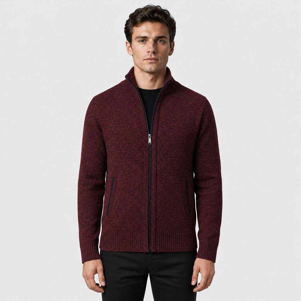 Men’s Roll Neck Zip-Up Cardigan Dark Red