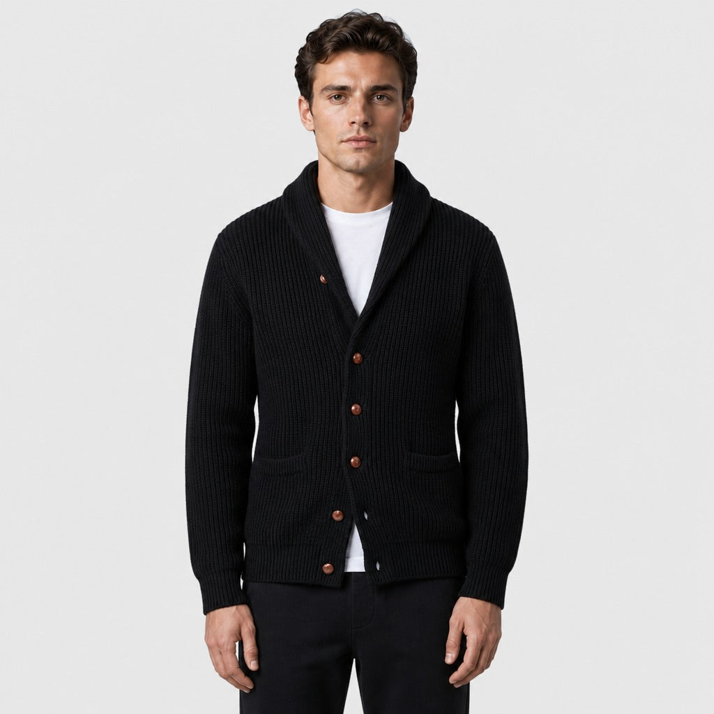 Men’s Shawl Collar Button Cardigan Black front