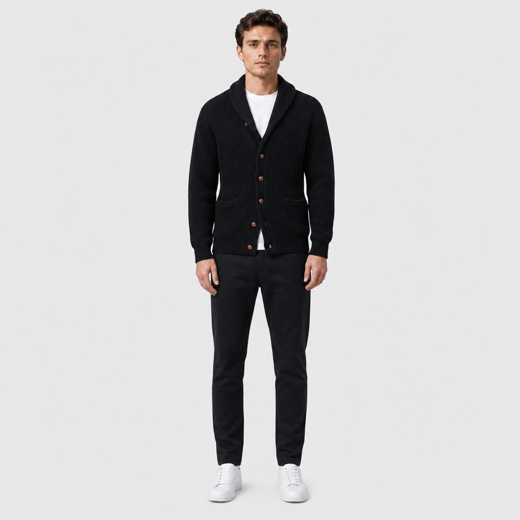 Men’s Shawl Collar Button Cardigan Black full length