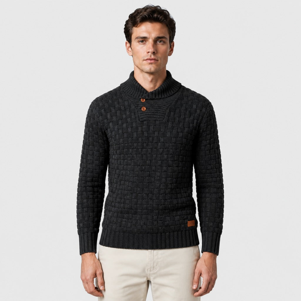 Men’s Shawl Collar Textured Knit Jumper Black front