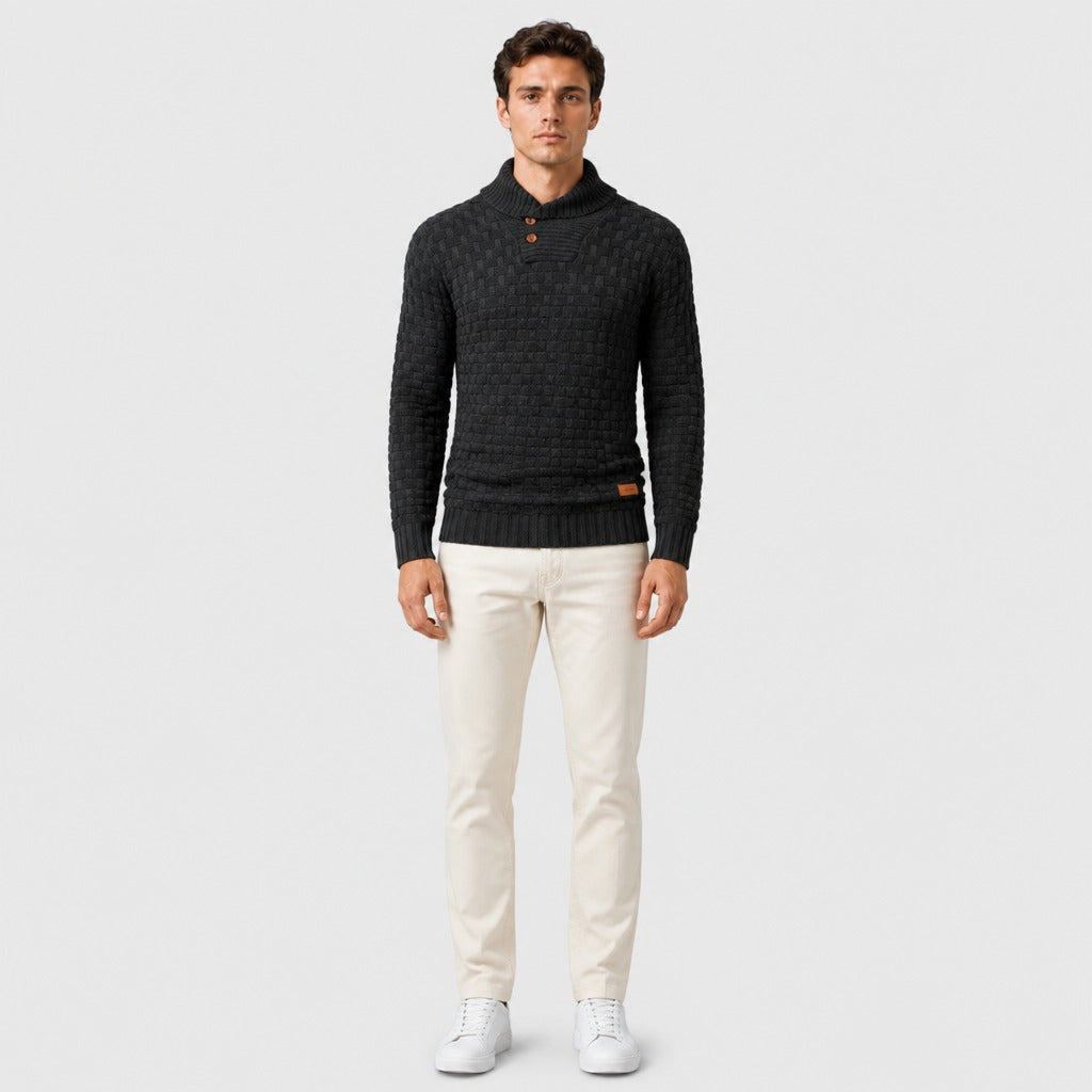 Men’s Shawl Collar Textured Knit Jumper Black full length