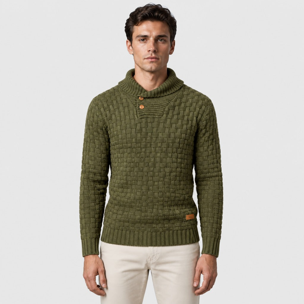 Men’s Shawl Collar Textured Knit Jumper Green