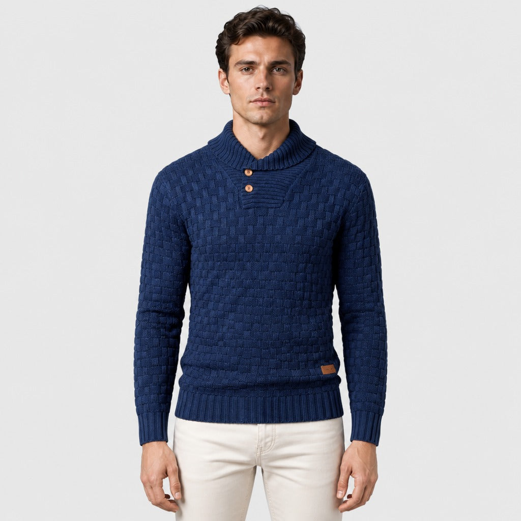 Men’s Shawl Collar Textured Knit Jumper Blue