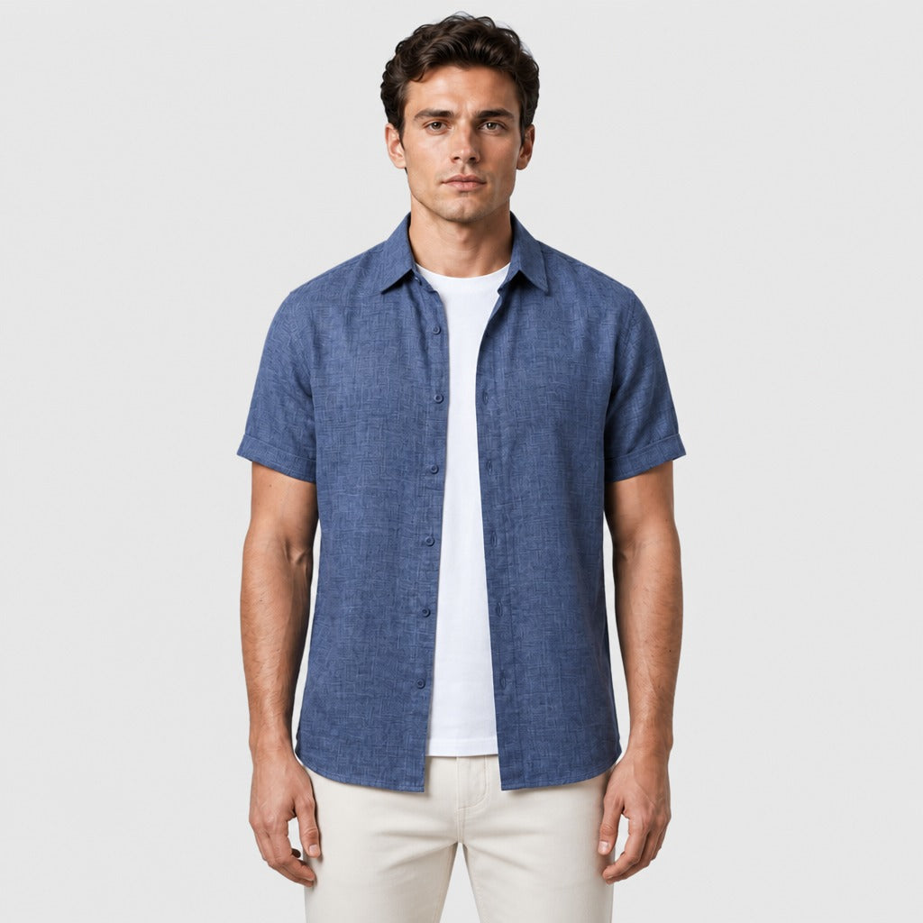 Men’s Short Sleeve Cotton Linen Shirt Royal Blue front
