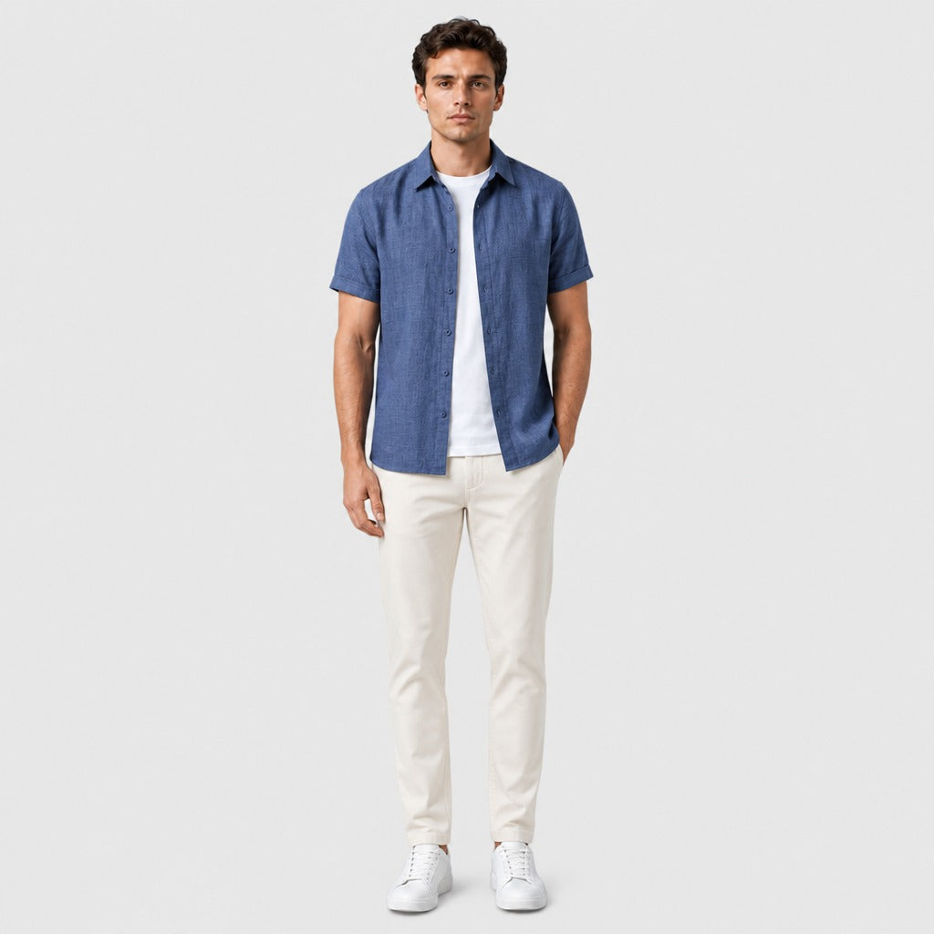 Men’s Short Sleeve Cotton Linen Shirt Royal Blue full length
