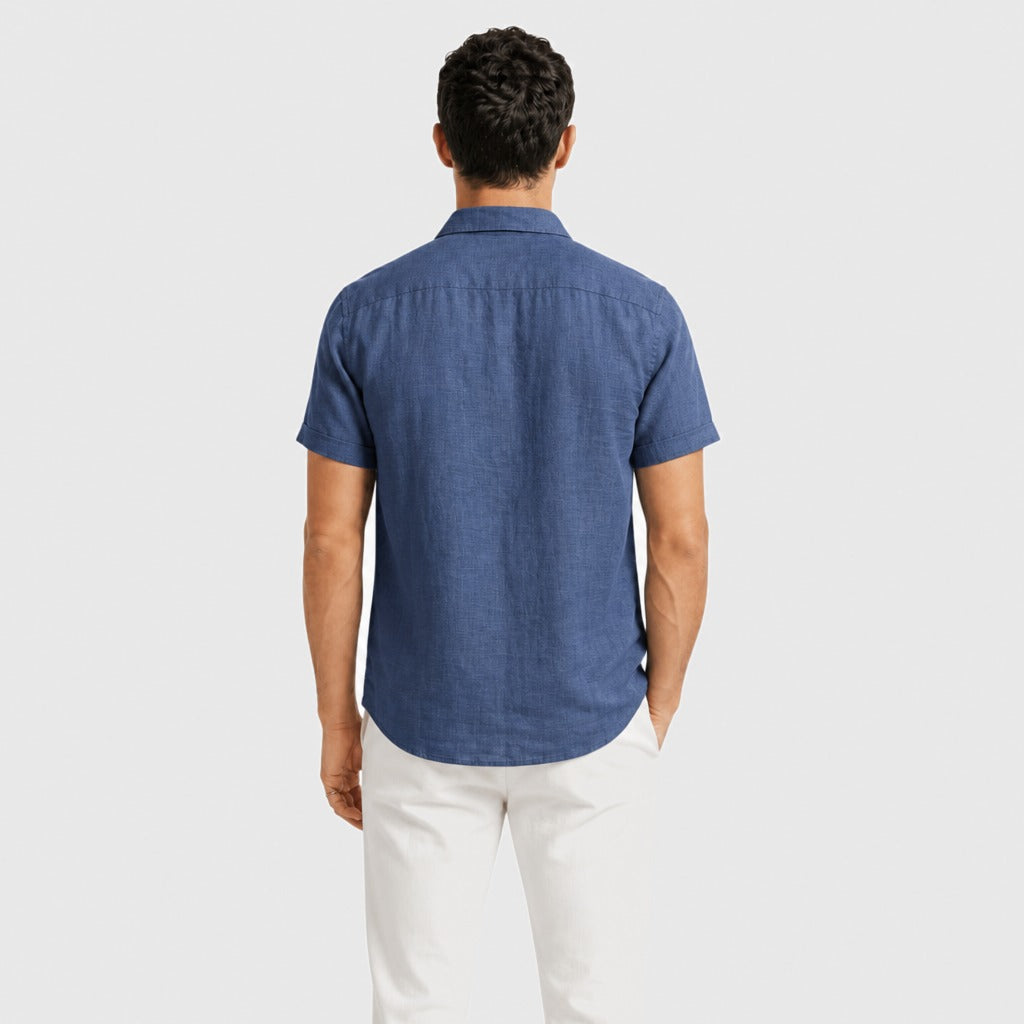 Men’s Short Sleeve Cotton Linen Shirt Royal Blue back