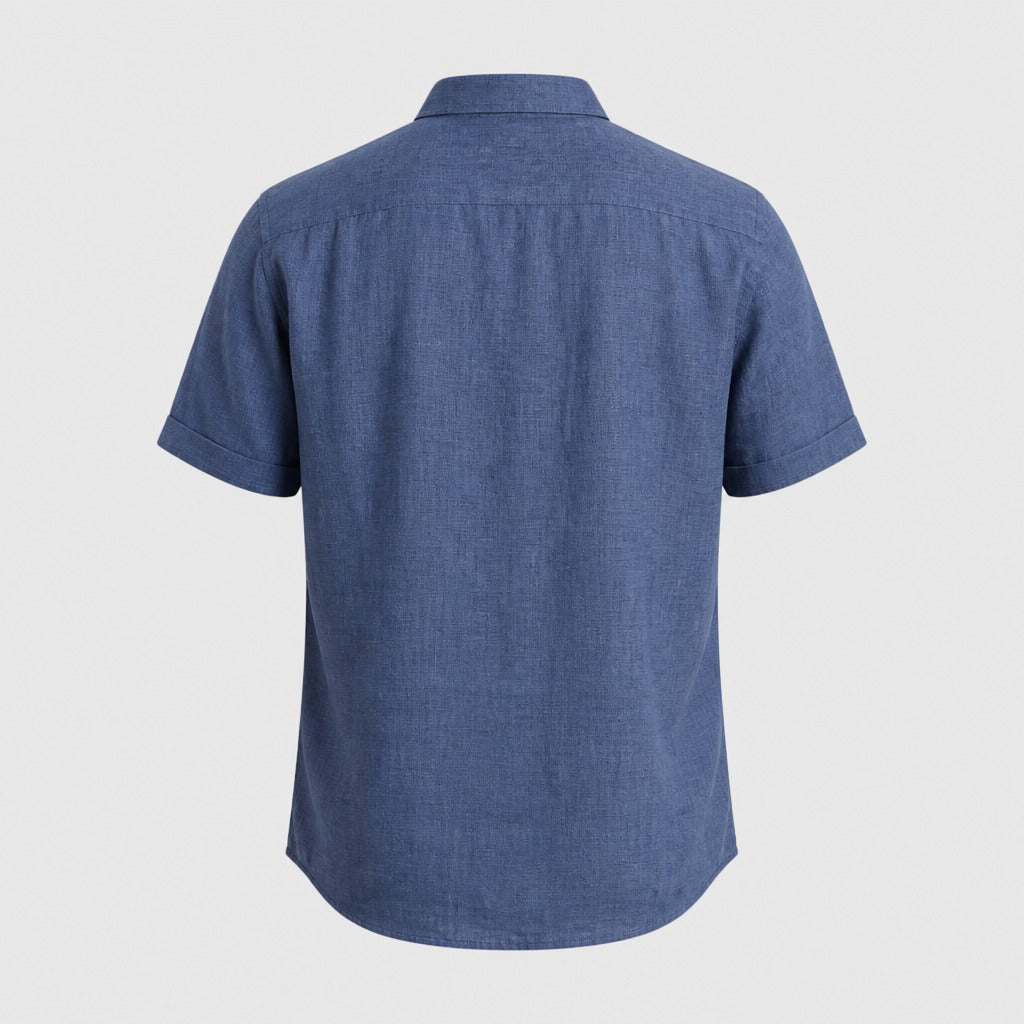Men’s Short Sleeve Cotton Linen Shirt Royal Blue product back