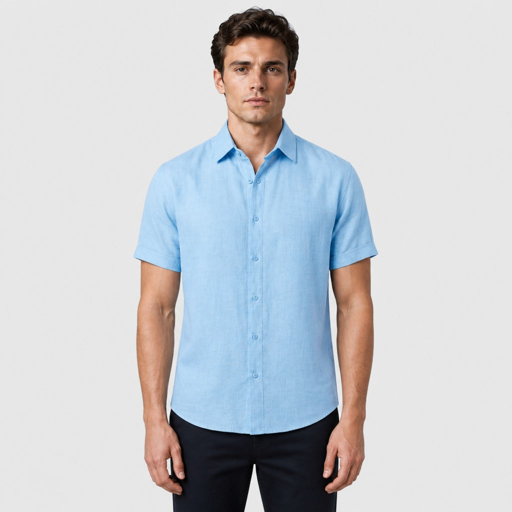 Men’s Short Sleeve Cotton Linen Shirt Light Blue