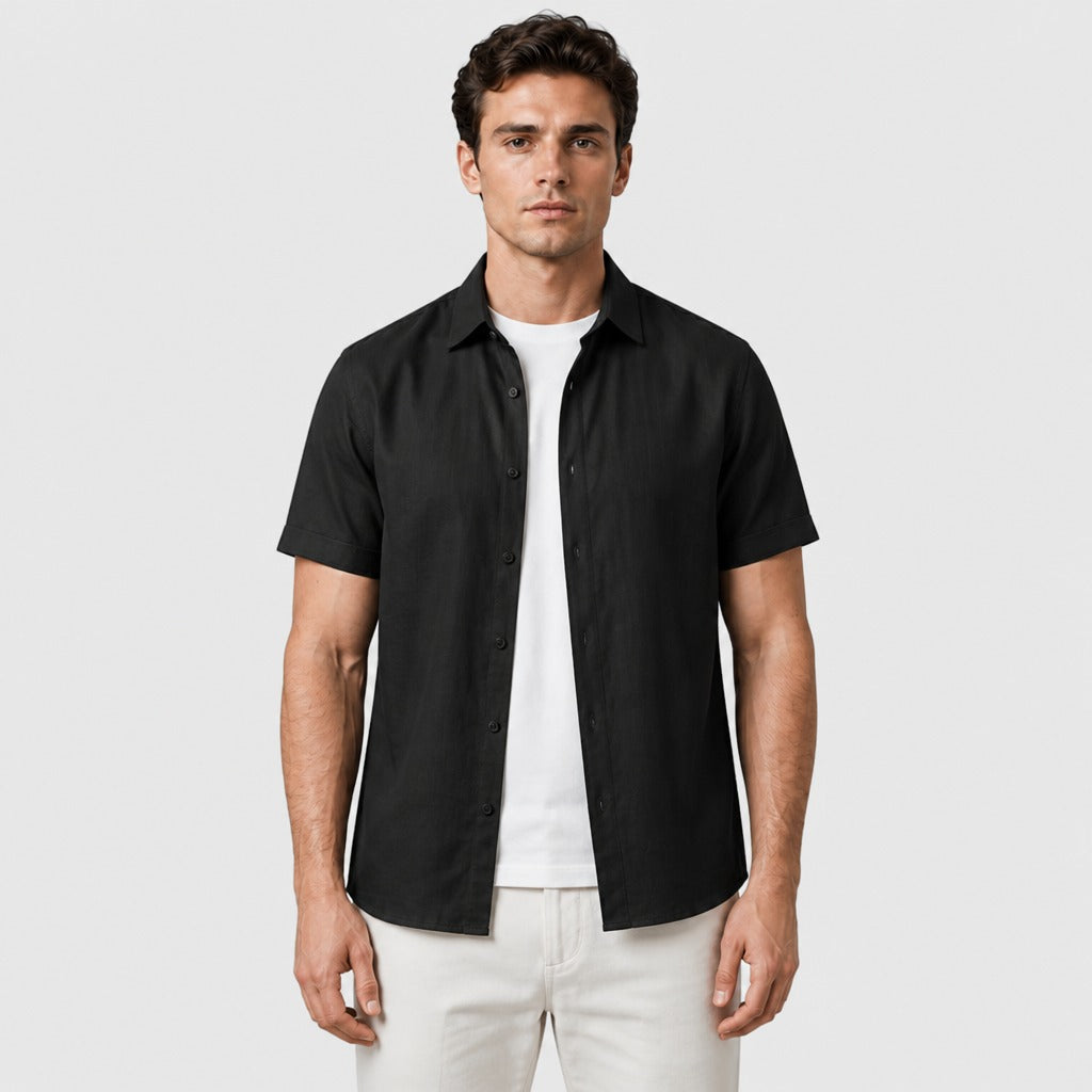Men’s Short Sleeve Cotton Linen Shirt Black