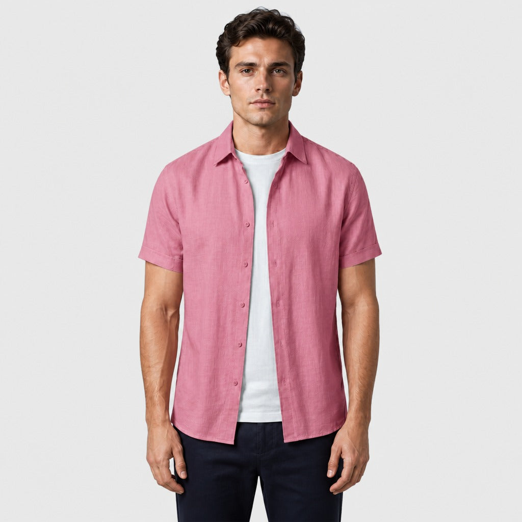 Men’s Short Sleeve Cotton Linen Shirt Pink