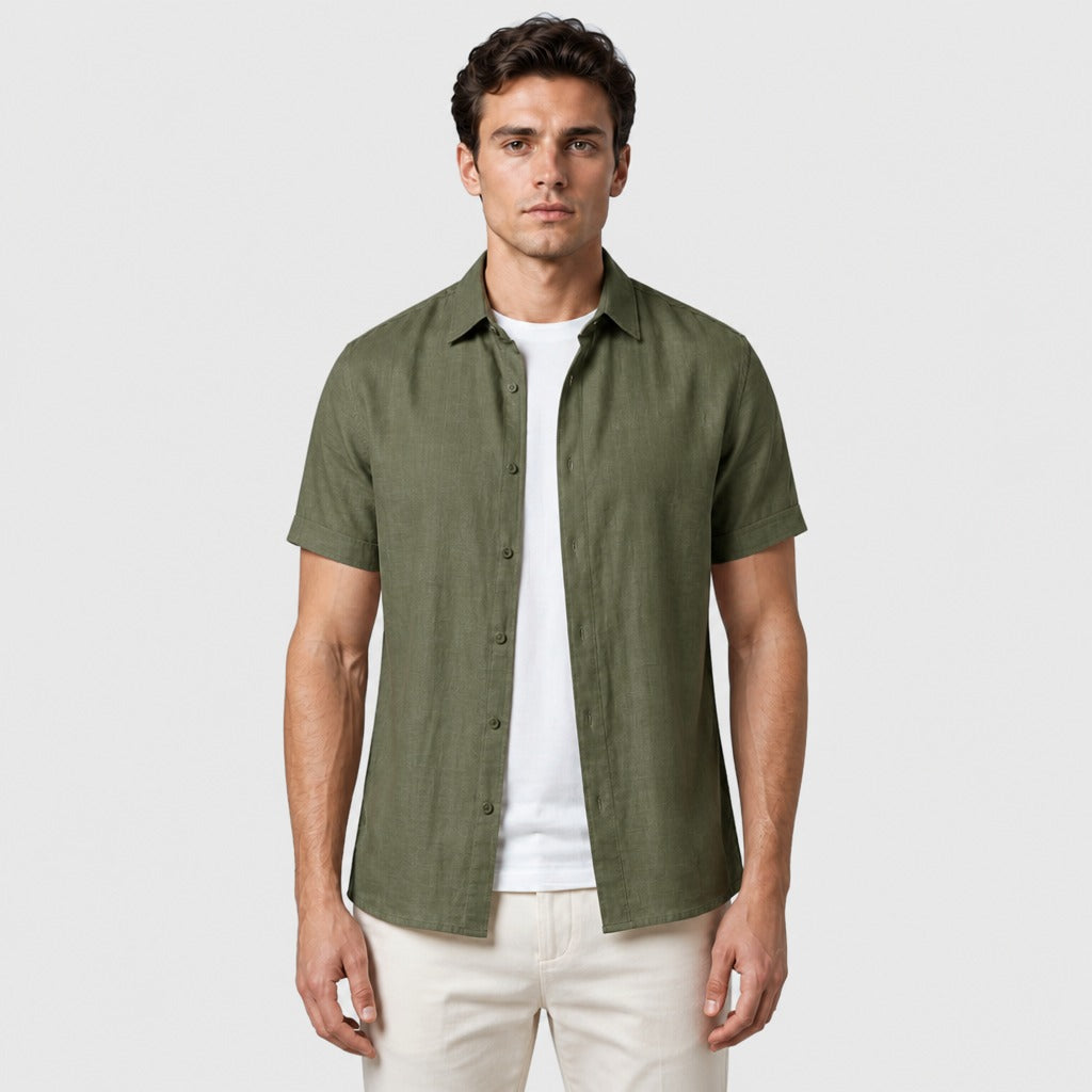 Men’s Short Sleeve Cotton Linen Shirt Army Green