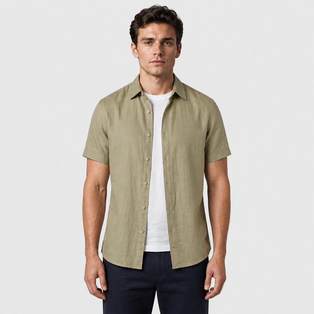 Men’s Short Sleeve Cotton Linen Shirt Khaki