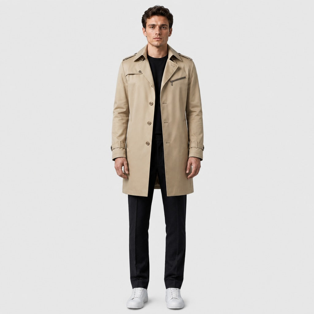 Men’s Single-Breasted Cotton Trench Coat Beige full length