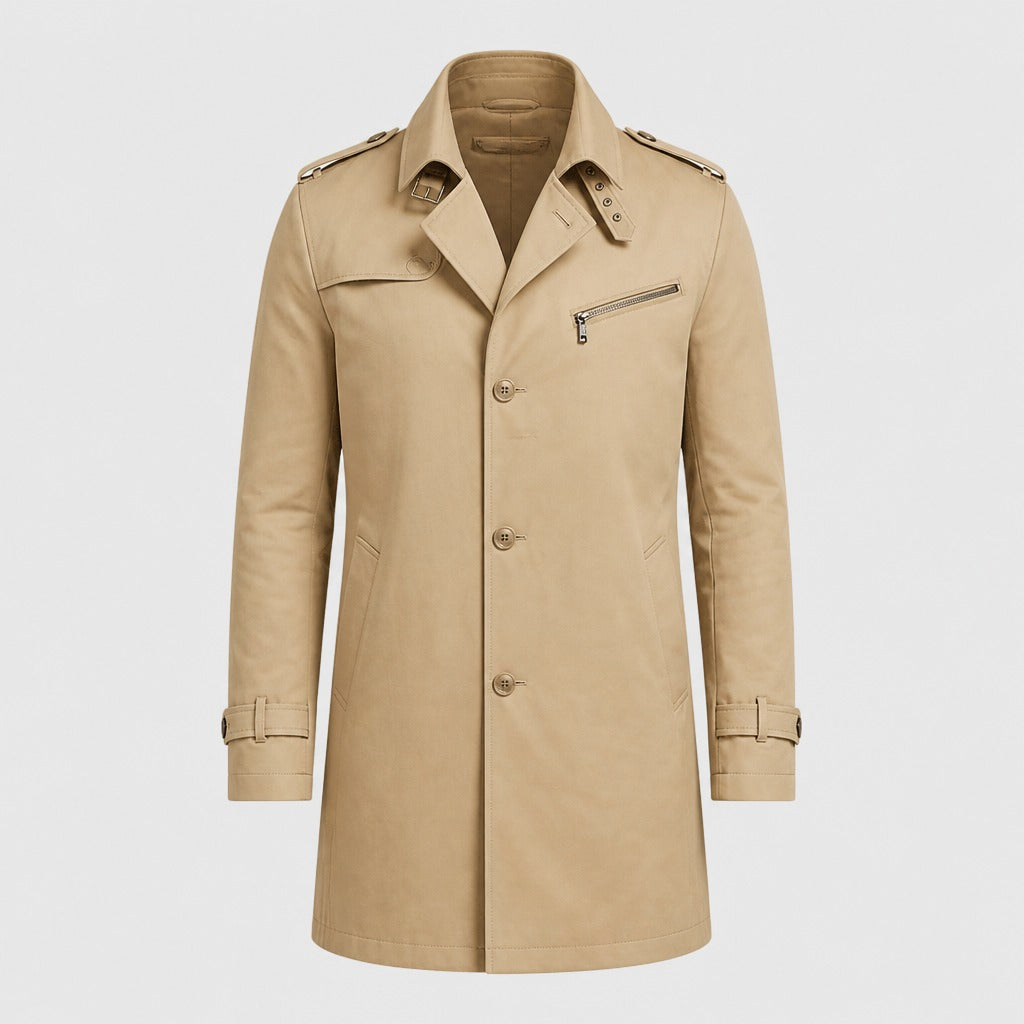 Men’s Single-Breasted Cotton Trench Coat Beige product front