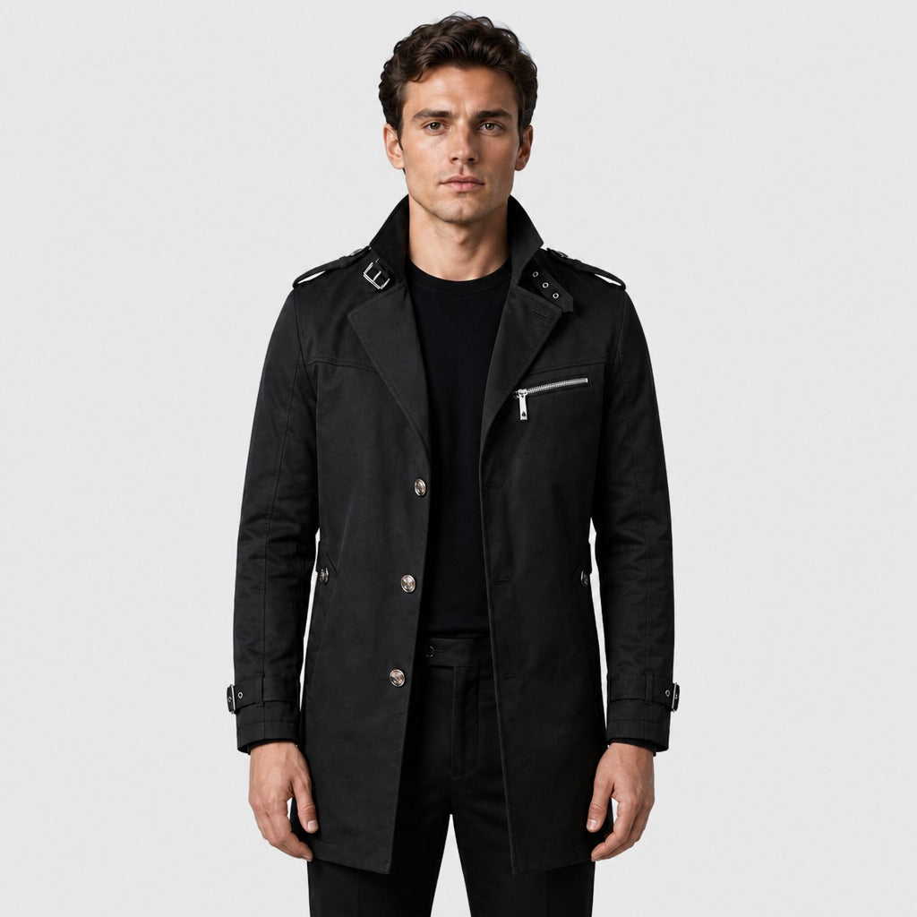 Men’s Single-Breasted Cotton Trench Coat Black