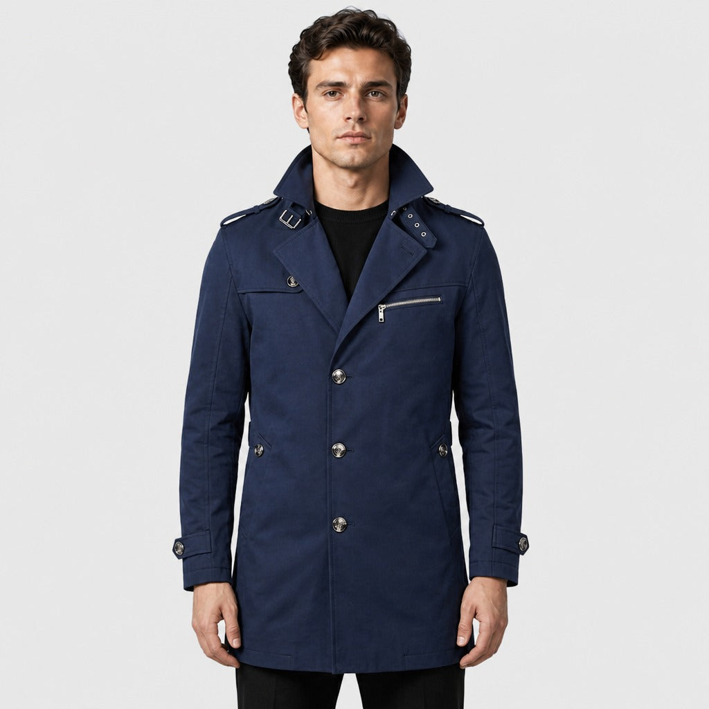 Men’s Single-Breasted Cotton Trench Coat Navy Blue