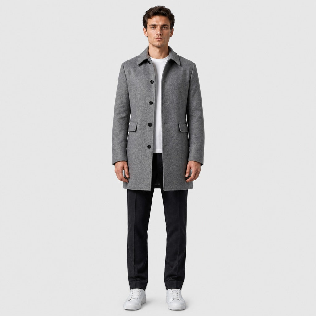 Men’s Single-Breasted Wool Blend Coat Grey full length
