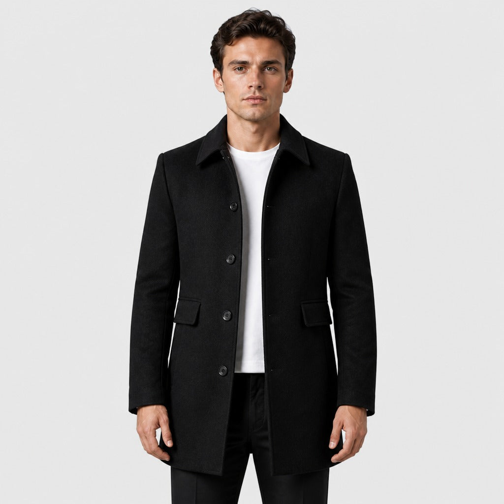 Men’s Single-Breasted Wool Blend Coat Black