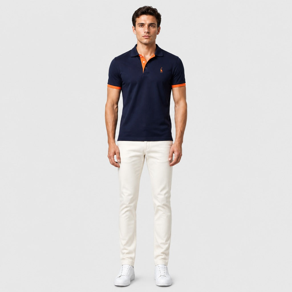 Men’s Slim Fit Embroidered Polo Shirt Orange/Navy Blue full length