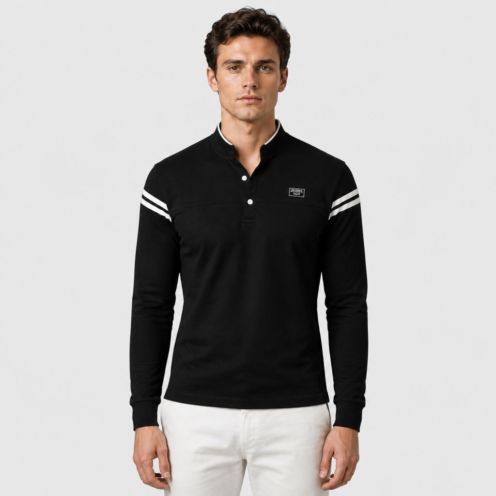 Men’s Slim Fit Long Sleeve Striped Polo Shirt Black front