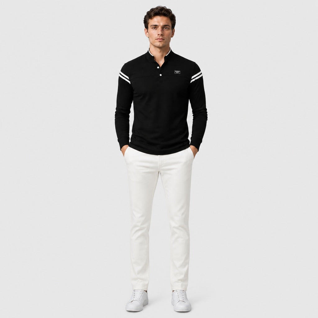 Men’s Slim Fit Long Sleeve Striped Polo Shirt Black full length