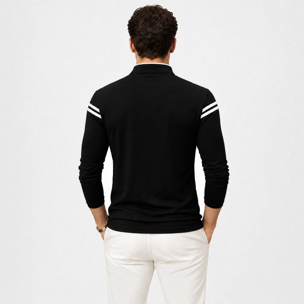 Men’s Slim Fit Long Sleeve Striped Polo Shirt Black back
