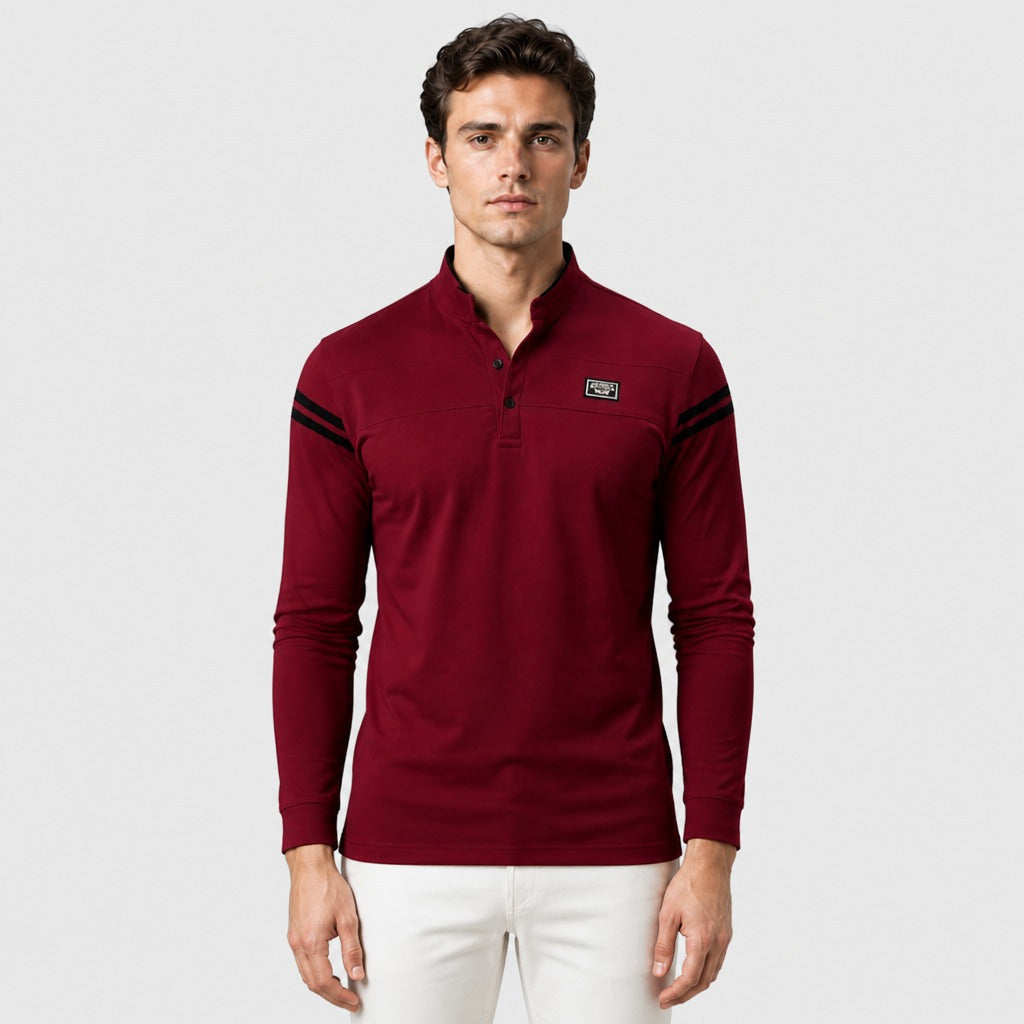 Men’s Slim Fit Long Sleeve Striped Polo Shirt Red