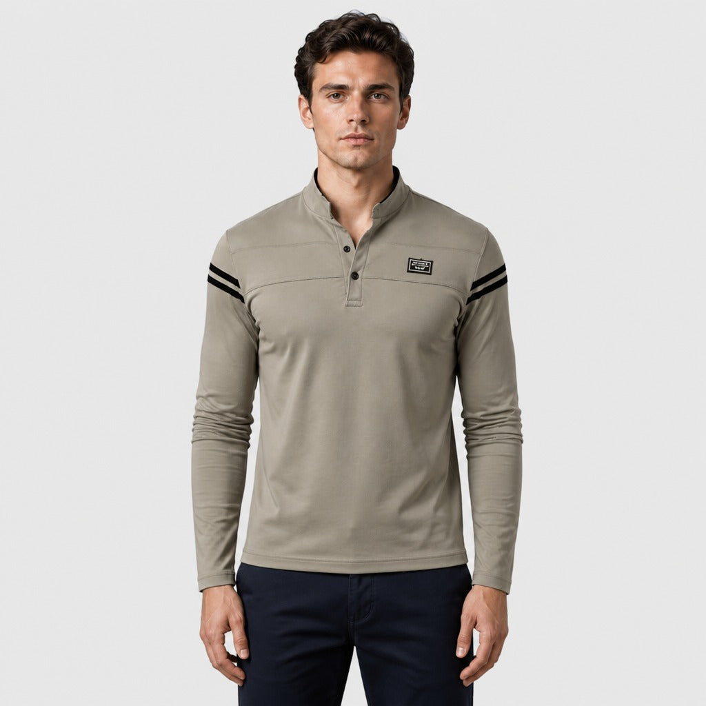 Men’s Slim Fit Long Sleeve Striped Polo Shirt Khaki