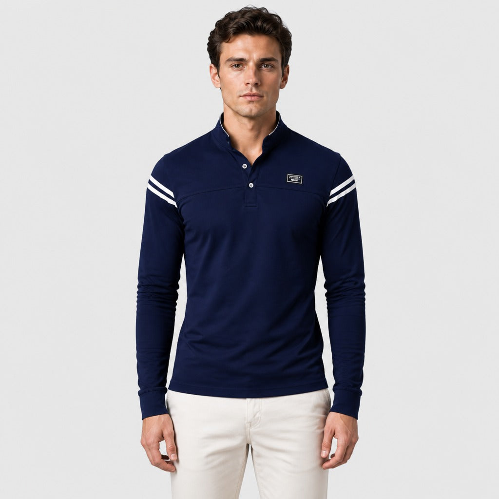 Men’s Slim Fit Long Sleeve Striped Polo Shirt Navy Blue