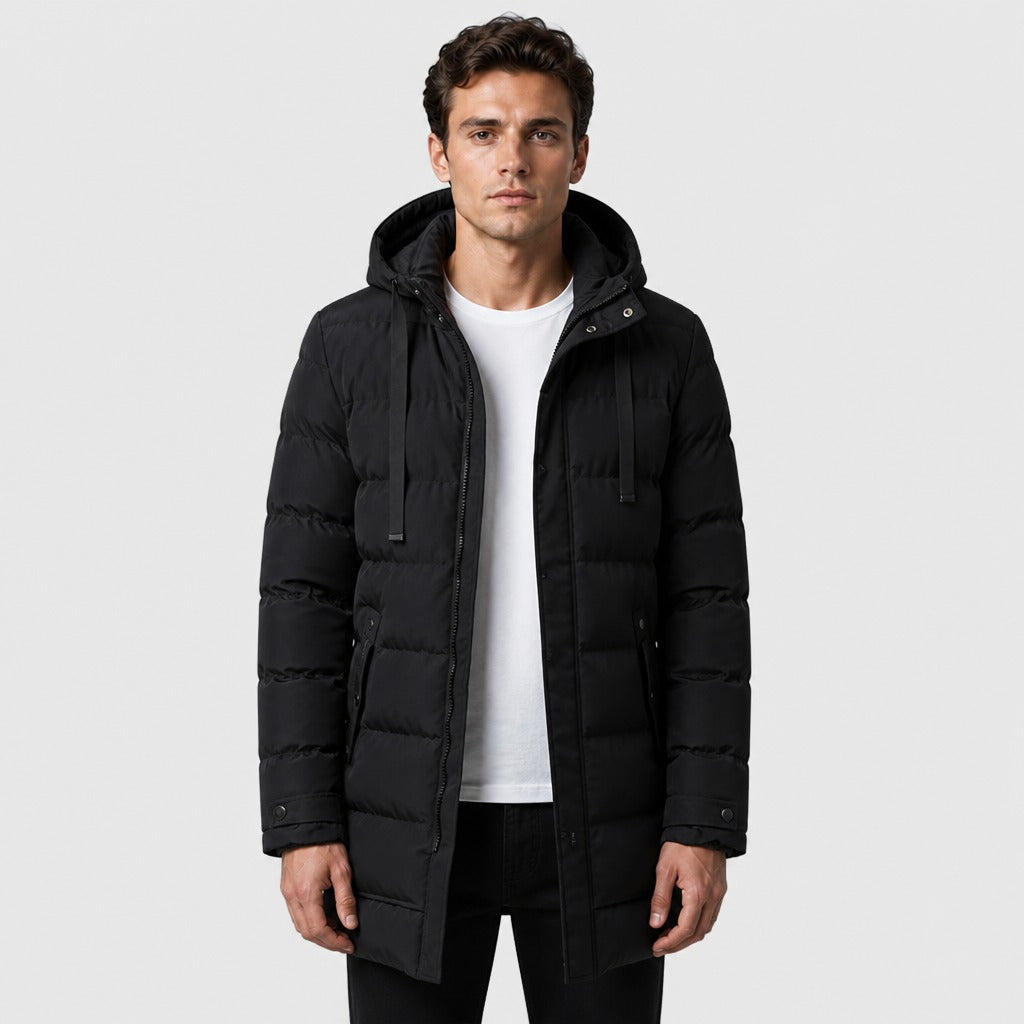 Men’s Slim Fit Longline Hooded Puffer Parka Black front