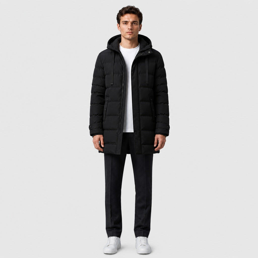 Men’s Slim Fit Longline Hooded Puffer Parka Black full length
