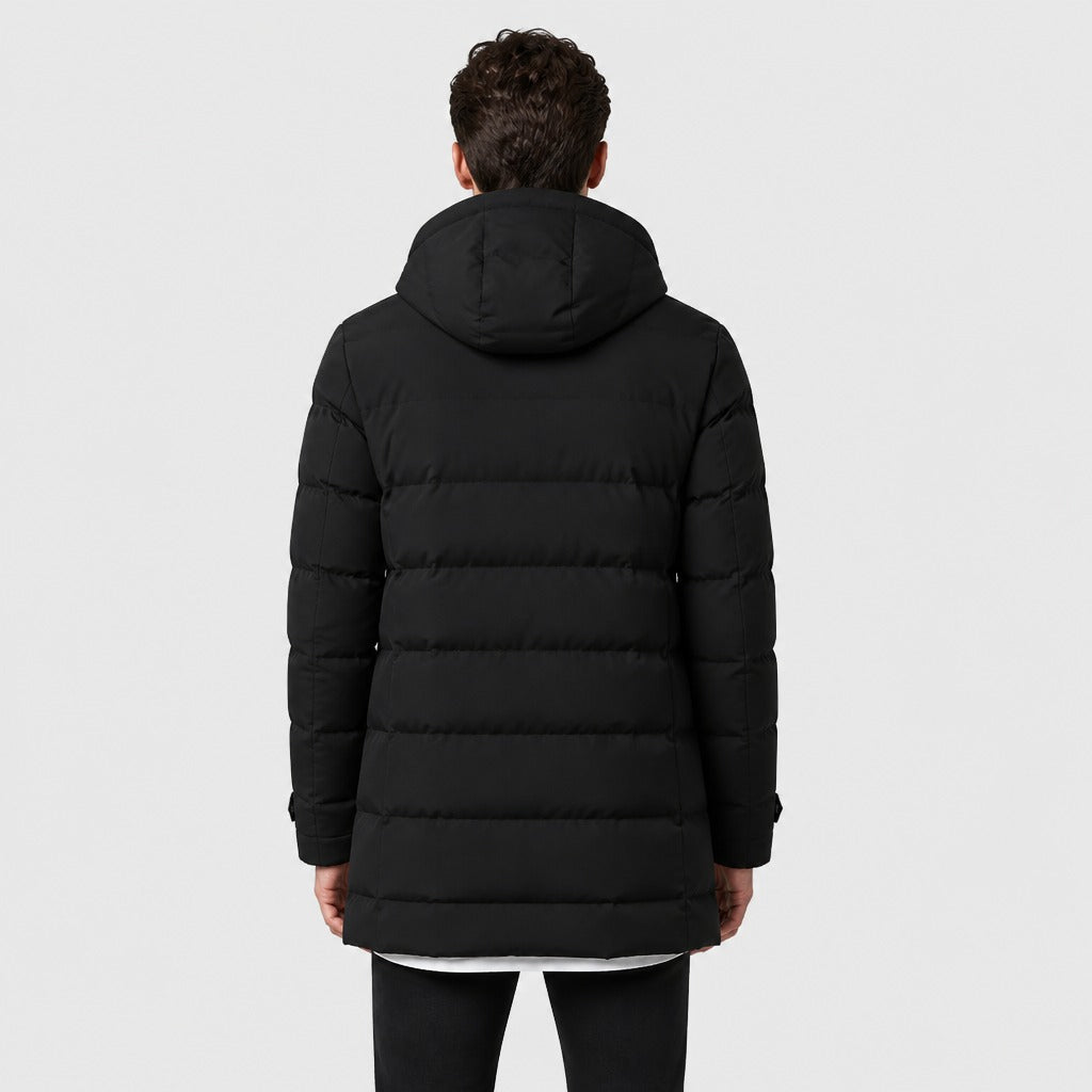 Men’s Slim Fit Longline Hooded Puffer Parka Black back