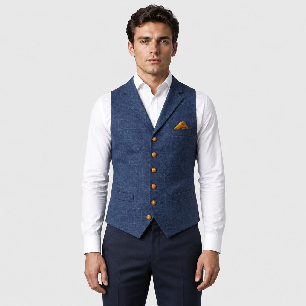 Men’s Slim Fit Plaid Waistcoat Blue front