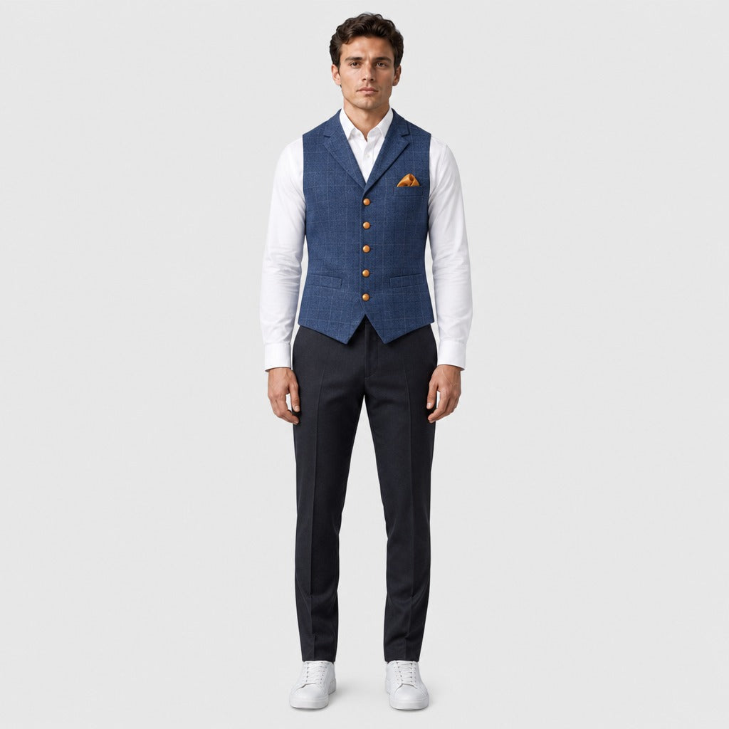 Men’s Slim Fit Plaid Waistcoat Blue full length