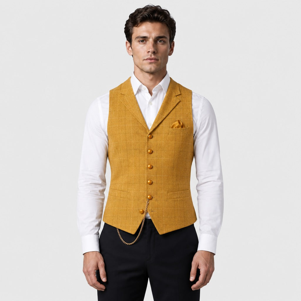 Men’s Slim Fit Plaid Waistcoat Yellow
