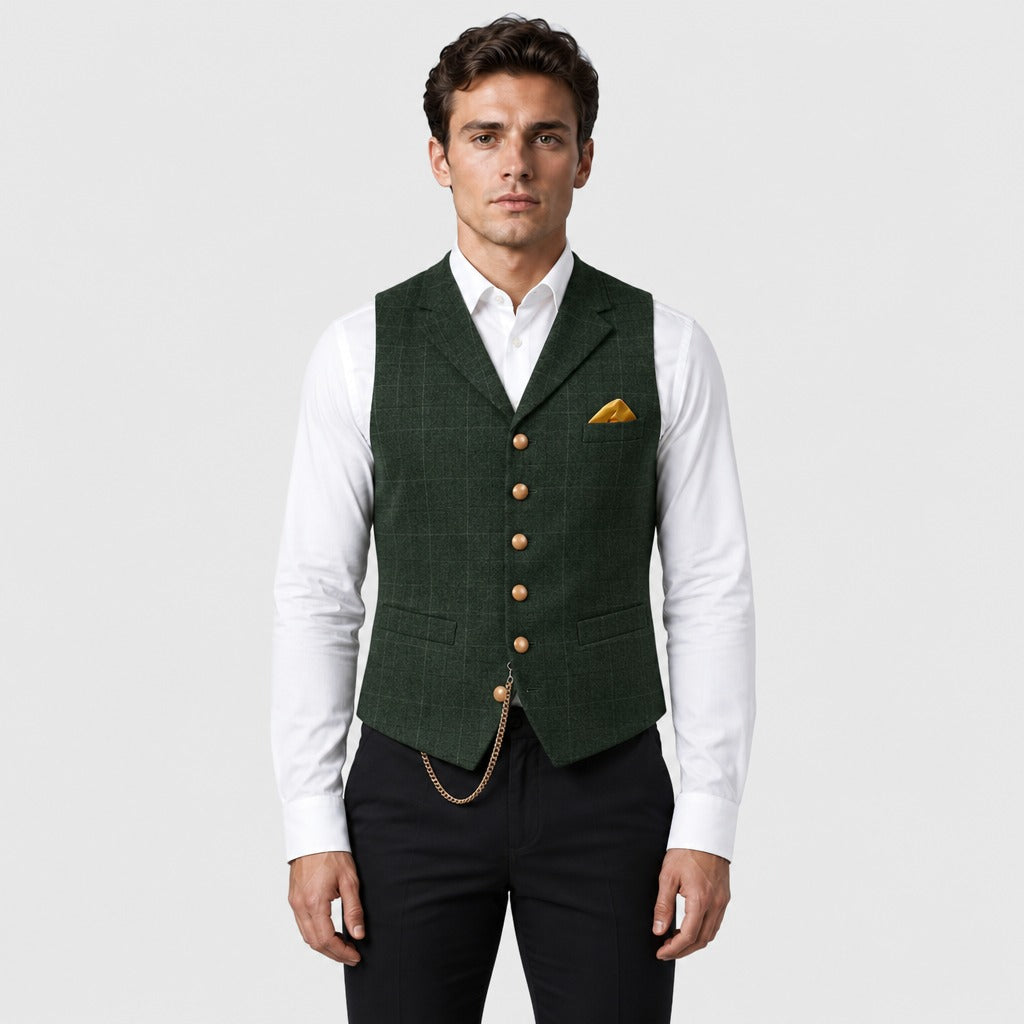 Men’s Slim Fit Plaid Waistcoat Dark Green