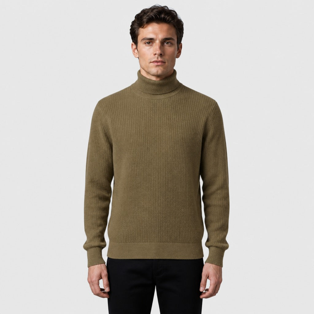Men’s Slim Fit Roll Neck Knit Jumper Khaki