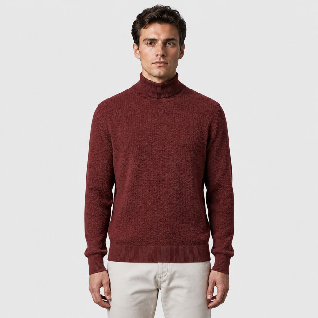 Men’s Slim Fit Roll Neck Knit Jumper Wine Red