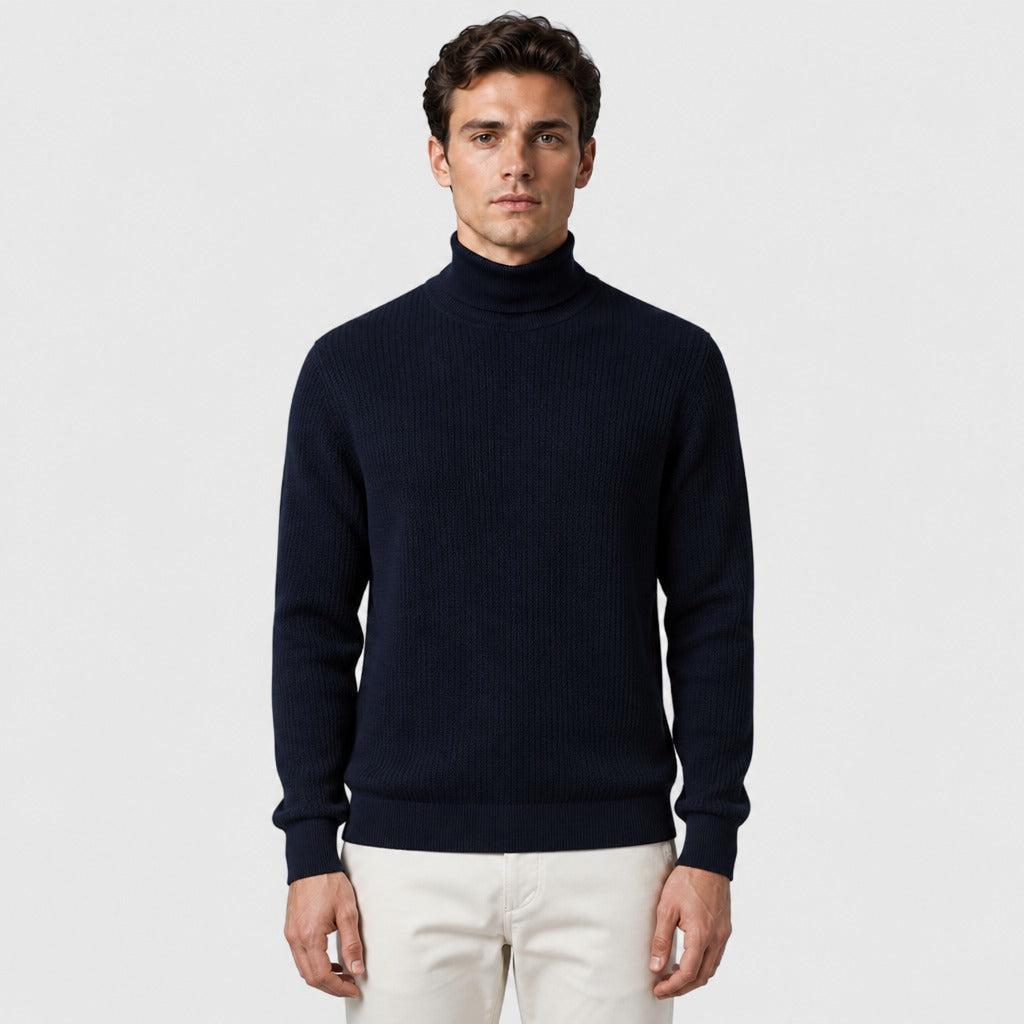 Men’s Slim Fit Roll Neck Knit Jumper Navy Blue