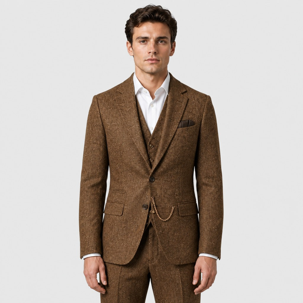 Men’s Slim Fit Single-Button Wool Blend Suit Brown front