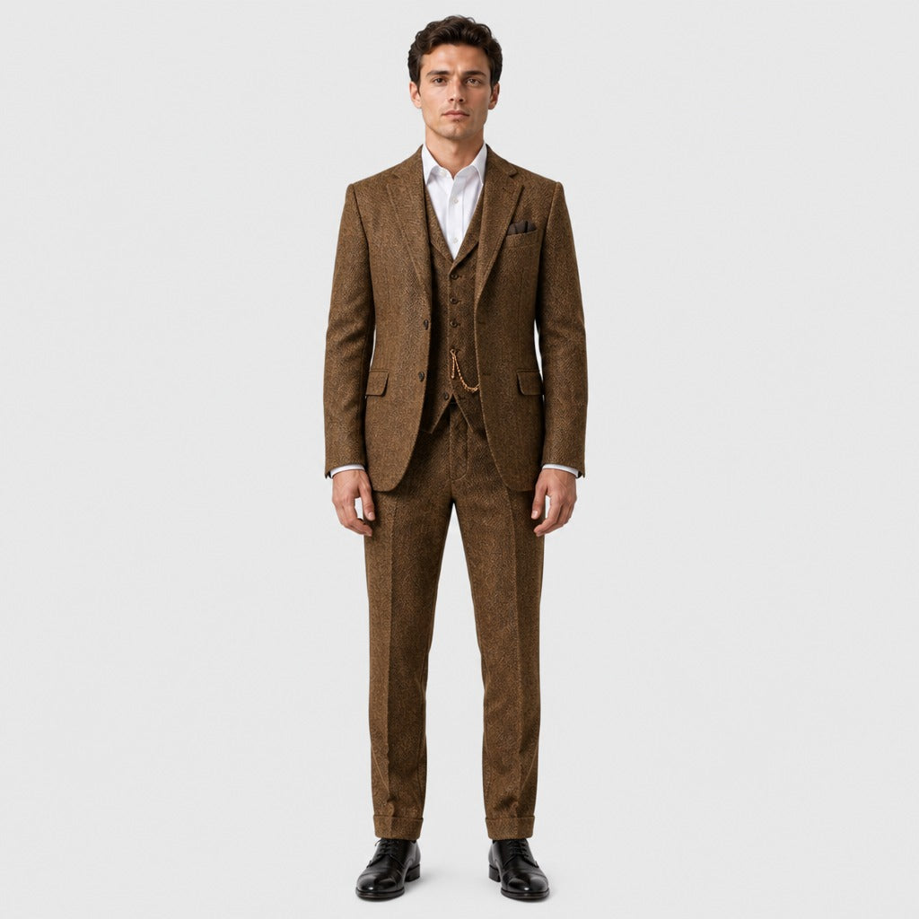 Men’s Slim Fit Single-Button Wool Blend Suit Brown full length